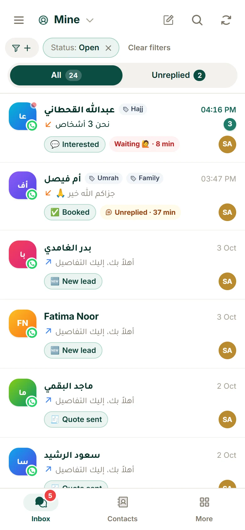 WhatsApp CRM on a phone: the travel agency inbox with open and closed conversations, unread counts and lifecycle tags